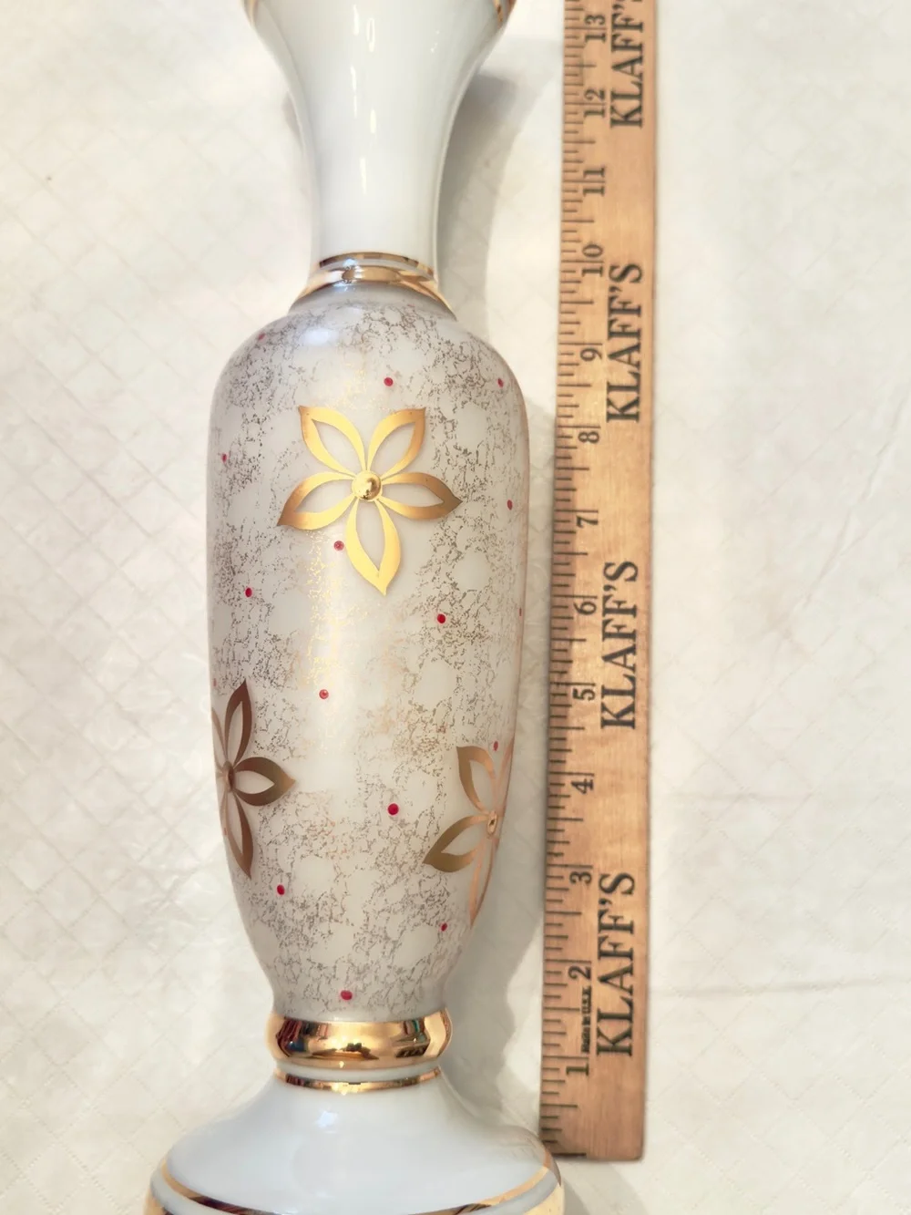 White opaline/milk glass gilded (gold) flower speckled gold stippling red dots